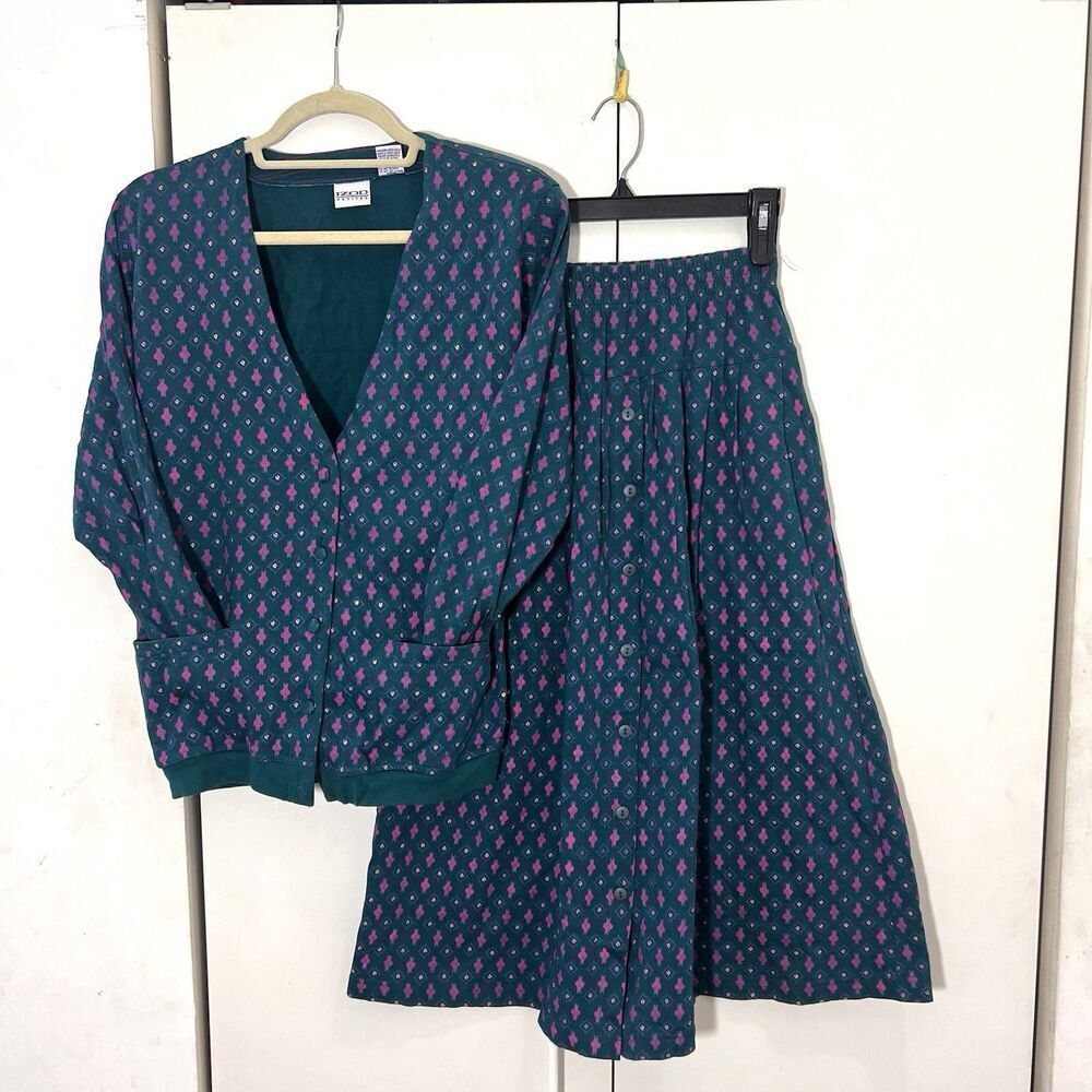 Vintage Izod Cardigan Midi Skirt 2 Piece Set Size S micro floral Cottagecore Pra